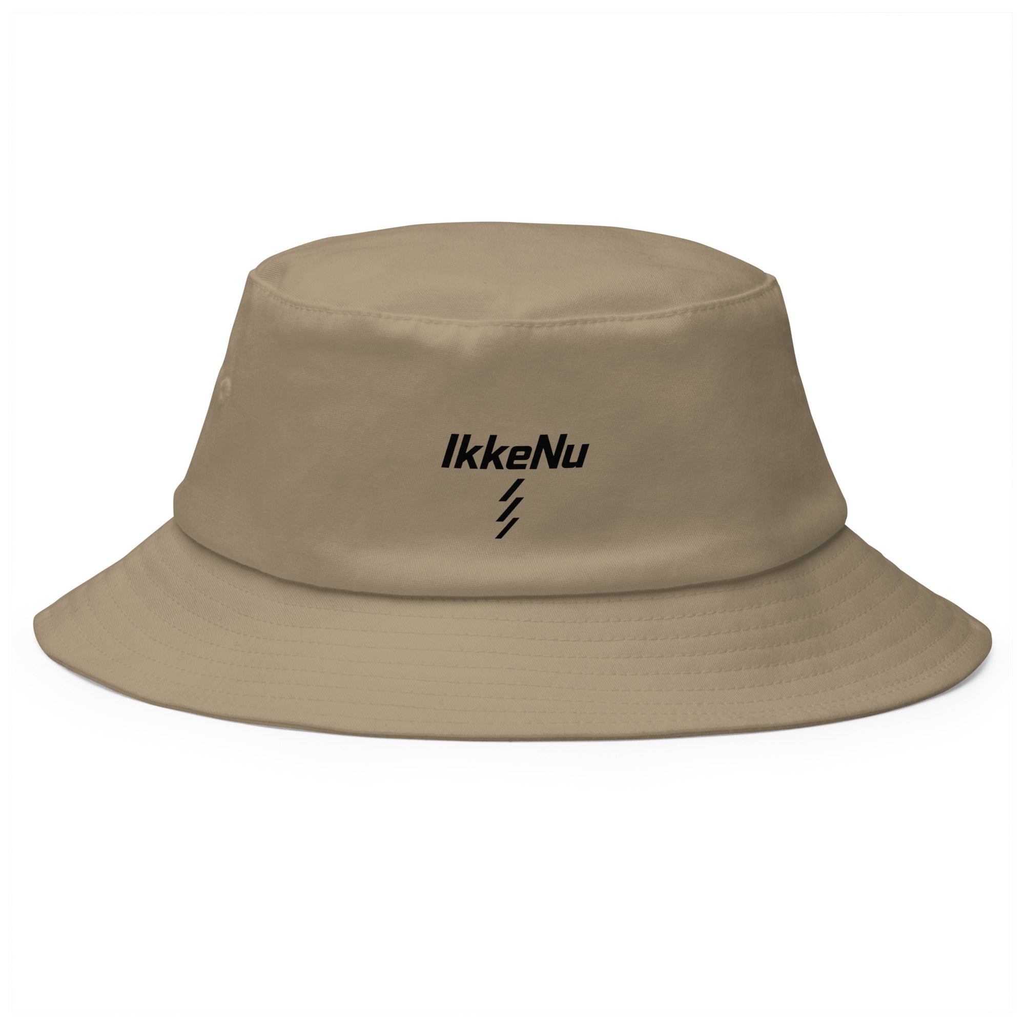 Khaki bucket hat med IkkeNu-logo på fronten — IkkeNu
