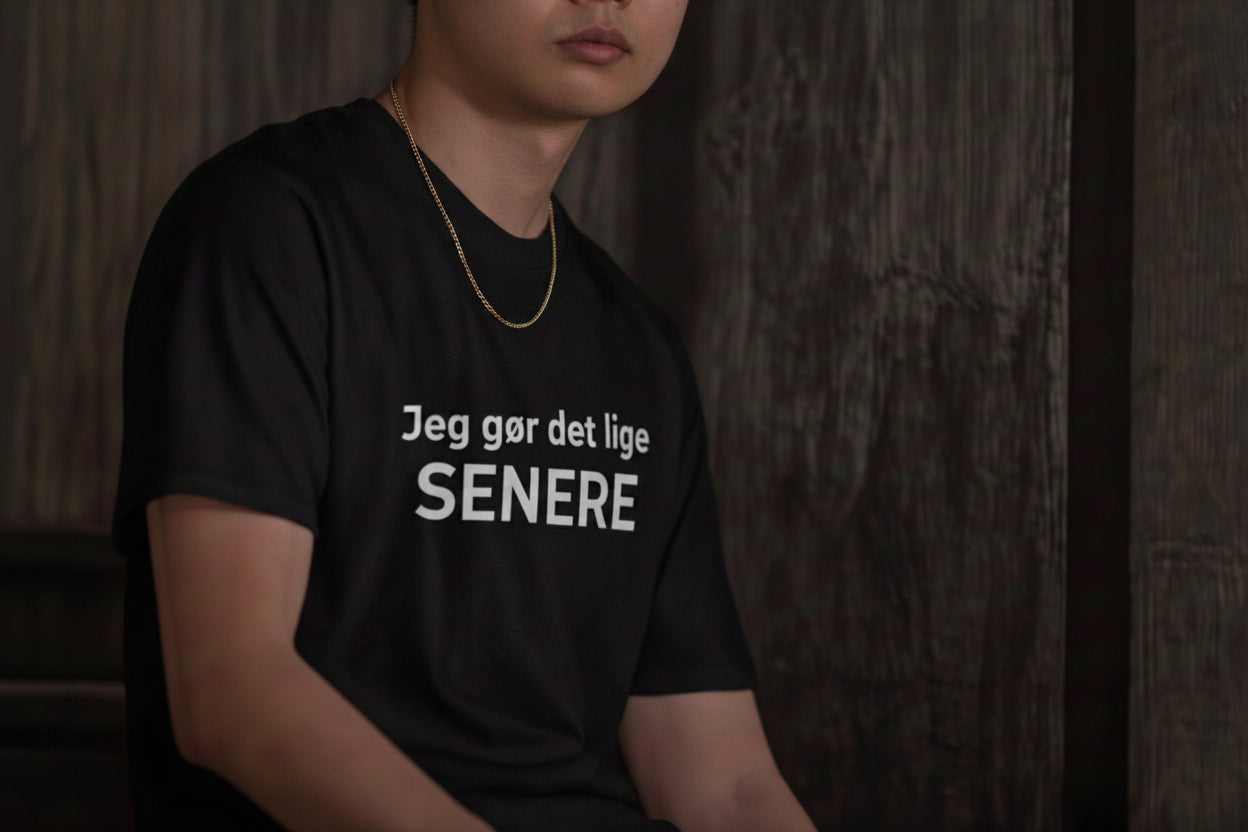 Mand iført sort t-shirt med teksten JEG GØR DET LIGE SENERE — IkkeNu