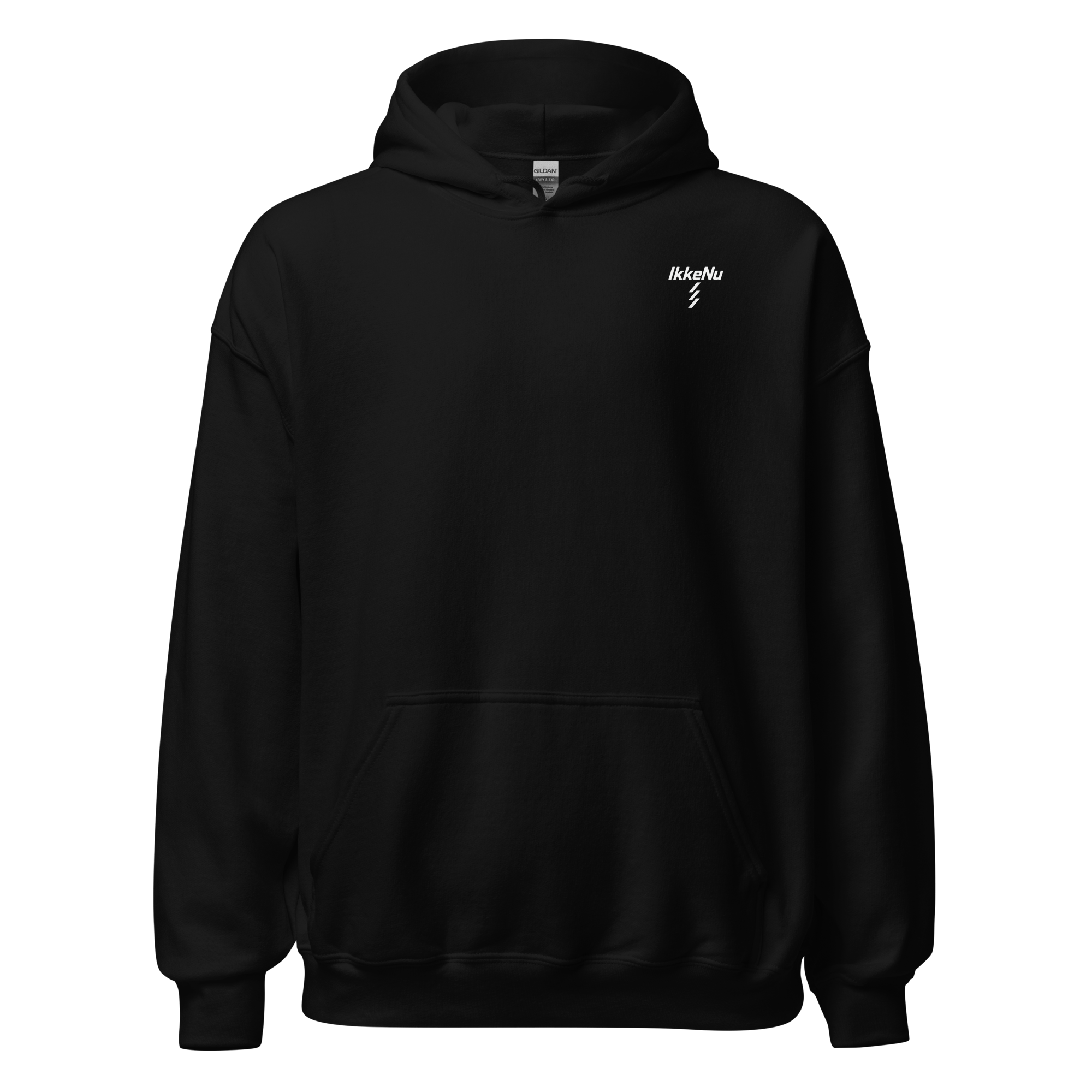 Sort hoodie med IkkeNu-logo på fronten — IkkeNu
